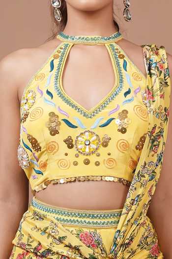 Ahi Clothing_Yellow Floral Pattern Pre-draped Saree And Blouse Set For Kids_Online_at_Aza_Fashions