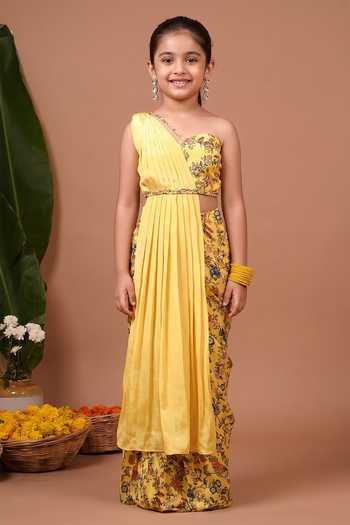 Ahi Clothing Floral Pattern Pre-Draped Saree & Blouse Set For Kids