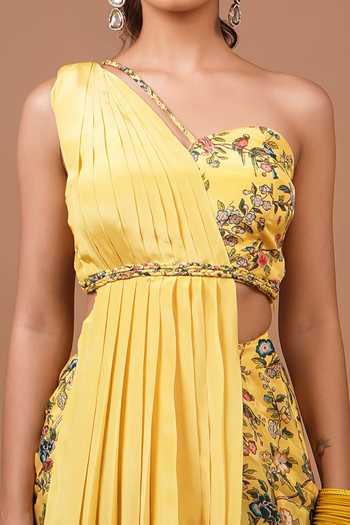 Ahi Clothing_Yellow Floral Pattern Pre-draped Saree And Blouse Set For Kids_Online_at_Aza_Fashions