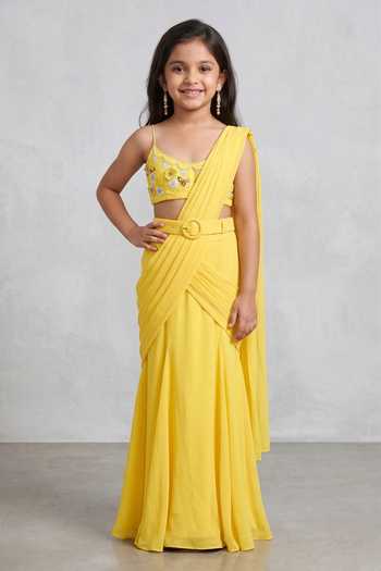 Ahi Clothing Pre-Draped Saree With Embroidered Blouse For Kids