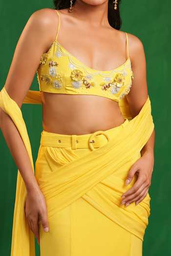 Ahi Clothing_Yellow Pre-draped Saree With Embroidered Blouse For Kids_Online_at_Aza_Fashions