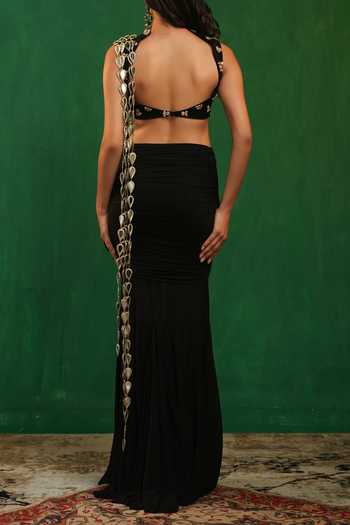 Ahi Clothing Mirror Work Pre-Draped Saree With Blouse For Kids