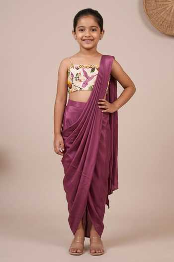 Ahi Clothing Pre-Draped Saree & Floral Pattern Blouse Set For Kids