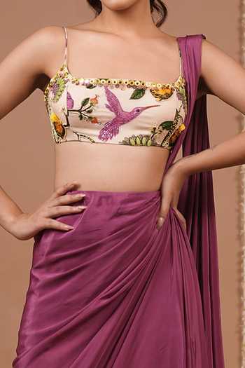 Buy_Ahi Clothing_Purple Pre-draped Saree And Floral Pattern Blouse Set For Kids_Online_at_Aza_Fashions