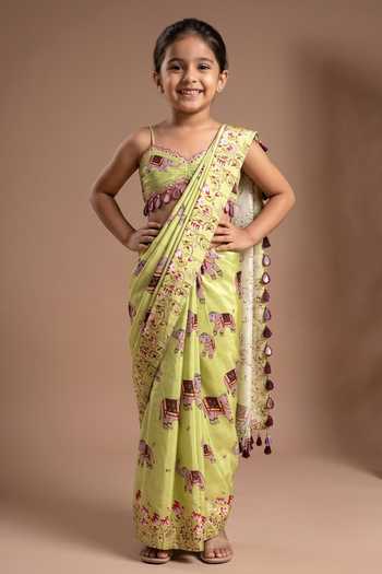 Ahi Clothing Elephant Digital Print Pre-Draped Saree With Bustier For Kids