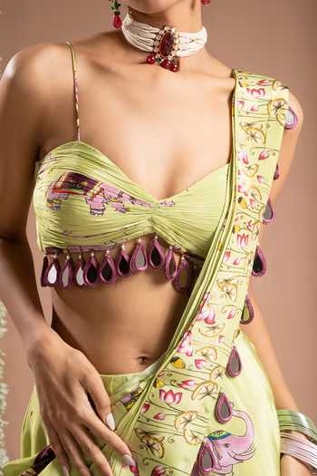 Ahi Clothing Green Crepe, Lining Digital Print Pre-draped Saree With Bustier For Kids Online at Aza Fashions Ahi Clothing_Green Crepe, Lining Digital Print Pre-draped Saree With Bustier For Kids_Online_at_Aza_Fashions