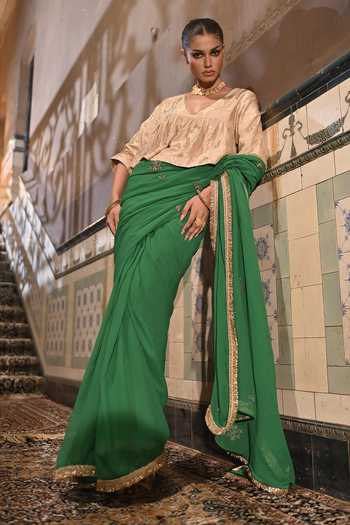 Buy_Shorshe Clothing_Gold Brocade V-neck Mumtaz Kediya Blouse _Online_at_Aza_Fashions