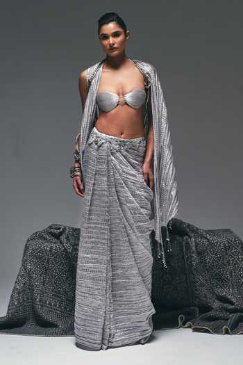 Buy Nidhi Kejriwal Silver Satin Sweetheart Neck Crushed Pre-draped Saree With Bralette at Aza Fashions Buy_Nidhi Kejriwal_Silver Satin Sweetheart Neck Crushed Pre-draped Saree With Bralette _at_Aza_Fashions