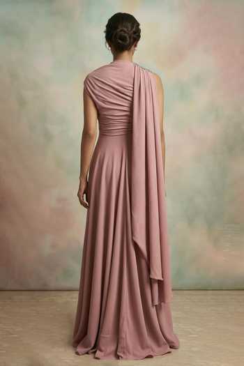 Shop Nidhi Kejriwal Pink Lycra Cowl Neck Draped Shoulder Gown at Aza Fashions Shop_Nidhi Kejriwal_Pink Lycra Cowl Neck Draped Shoulder Gown _at_Aza_Fashions