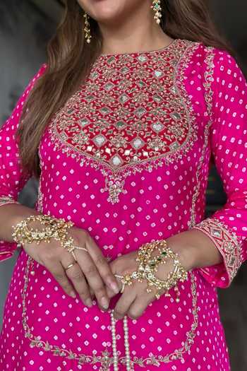 Pink City By Sarika_Fuchsia Silk Gota Patti, Embroidery Round Rani Bandhani Matka Kurta Pant Set _at_Aza_Fashions