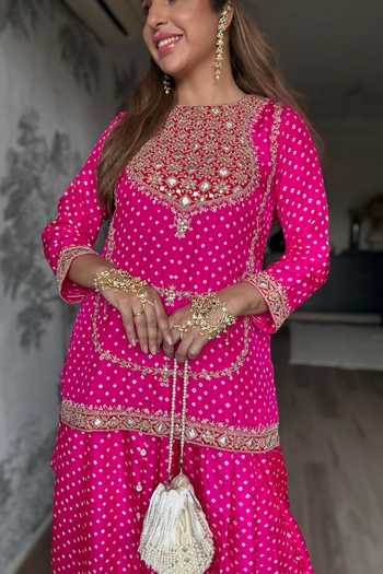 Buy_Pink City By Sarika_Fuchsia Silk Gota Patti, Embroidery Round Rani Bandhani Matka Kurta Pant Set 