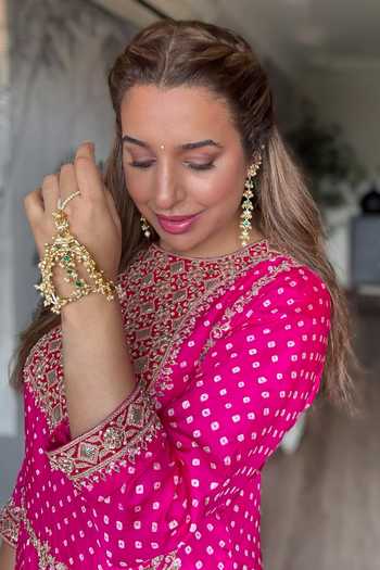 Shop_Pink City By Sarika_Fuchsia Silk Gota Patti, Embroidery Round Rani Bandhani Matka Kurta Pant Set 