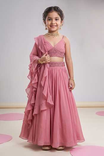 Damoiselle Pleated Blouse & Lehenga Set For Kids
