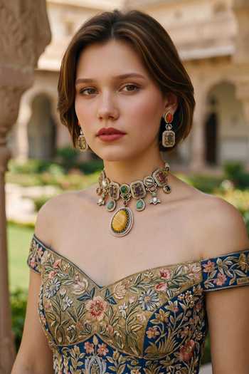 Shop_Amaara Jewels_Gold Plated Rosette Antique Multi Stone Choker Set _Online_at_Aza_Fashions