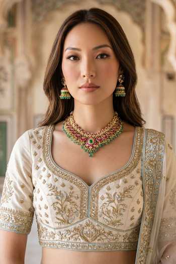 Amaara Jewels_Green Gul Crest Peacock Embellished Necklace Set _at_Aza_Fashions