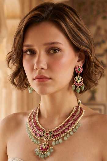 Shop Amaara Jewels Red Zivara Bloom Embellished Necklace Set Online at Aza Fashions Shop_Amaara Jewels_Red Zivara Bloom Embellished Necklace Set _Online_at_Aza_Fashions