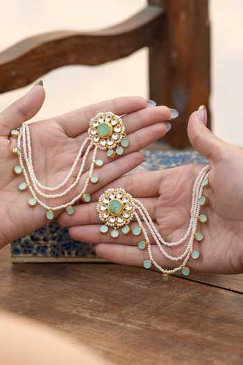 Shop Do Taara Green Mint Kundan Embellished Earrings at Aza Fashions Shop_Do Taara_Green Mint Kundan Embellished Earrings _at_Aza_Fashions