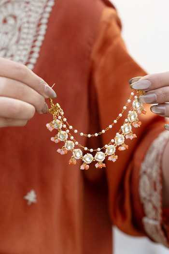 Shop Do Taara Gold Plated Kundan And Pearls Kaanchain Earrings at Aza Fashions Shop_Do Taara_Gold Plated Kundan And Pearls Kaanchain Earrings _at_Aza_Fashions