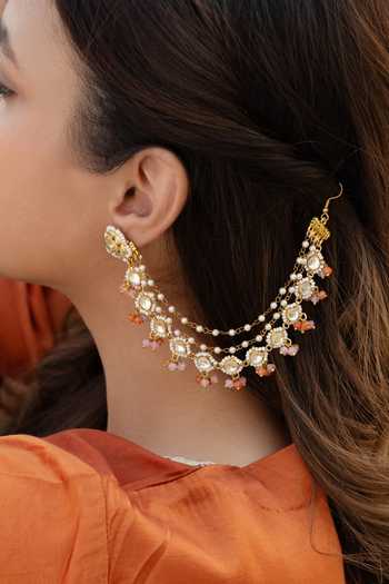 Shop Do Taara Gold Plated Kundan And Pearls Kaanchain Earrings Online at Aza Fashions Shop_Do Taara_Gold Plated Kundan And Pearls Kaanchain Earrings _Online_at_Aza_Fashions