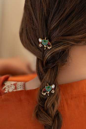 Do Taara Green Parrot Shaped Braid Pin Online at Aza Fashions Do Taara_Green Parrot Shaped Braid Pin _Online_at_Aza_Fashions
