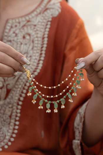Shop Do Taara Gold Plated Mint Kaan Chain Earrings at Aza Fashions Shop_Do Taara_Gold Plated Mint Kaan Chain Earrings _at_Aza_Fashions