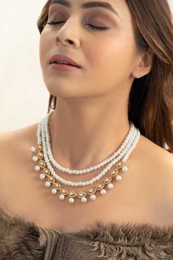 Do Taara White Polki And Pearl Embellished Necklace Online at Aza Fashions Do Taara_White Polki And Pearl Embellished Necklace _Online_at_Aza_Fashions