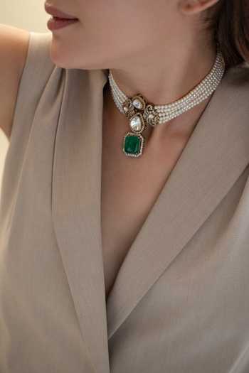 Do Taara_Green Pearl Embellished Choker Necklace _Online_at_Aza_Fashions