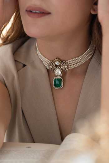 Shop_Do Taara_Green Pearl Embellished Choker Necklace _Online_at_Aza_Fashions