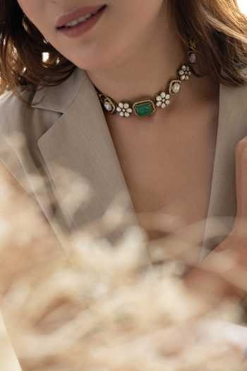 Do Taara Green Polki Embellished Choker Necklace Online at Aza Fashions Do Taara_Green Polki Embellished Choker Necklace _Online_at_Aza_Fashions