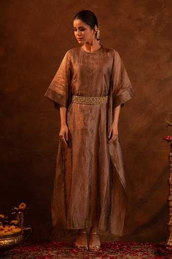 Eraaya by Ratika J Brown Silk, Tissue Round Neck Crinkled Kaftan Set Online at Aza Fashions Eraaya by Ratika J_Brown Silk, Tissue Round Neck Crinkled Kaftan Set _Online_at_Aza_Fashions
