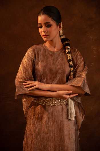 Buy Eraaya by Ratika J Brown Silk, Tissue Round Neck Crinkled Kaftan Set Online at Aza Fashions Buy_Eraaya by Ratika J_Brown Silk, Tissue Round Neck Crinkled Kaftan Set _Online_at_Aza_Fashions