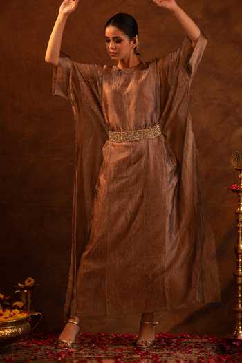 Shop Eraaya by Ratika J Brown Silk, Tissue Round Neck Crinkled Kaftan Set Online at Aza Fashions Shop_Eraaya by Ratika J_Brown Silk, Tissue Round Neck Crinkled Kaftan Set _Online_at_Aza_Fashions