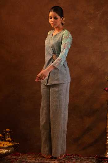 Buy Eraaya by Ratika J Green Silk, Tissue V-neck Placed Embroidered Tunic With Palazzo Buy_Eraaya by Ratika J_Green Silk, Tissue V-neck Placed Embroidered Tunic With Palazzo