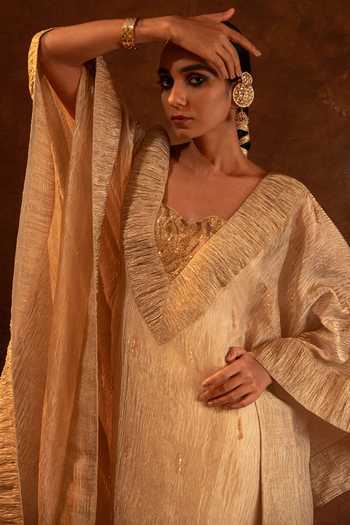 Eraaya by Ratika J_Gold Silk, Satin, Tissue, Modal V-neck Ruched Crystal Kaftan _at_Aza_Fashions