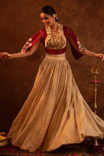 Buy Eraaya by Ratika J Gold Silk, Tissue, Organza Square Neck Floral Applique Blouse With Skirt Online at Aza Fashions Buy_Eraaya by Ratika J_Gold Silk, Tissue, Organza Square Neck Floral Applique Blouse With Skirt _Online_at_Aza_Fashions