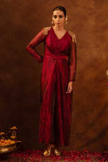 Eraaya by Ratika J Wine Embroidered Jumpsuit Online at Aza Fashions Eraaya by Ratika J_Wine Embroidered Jumpsuit _Online_at_Aza_Fashions