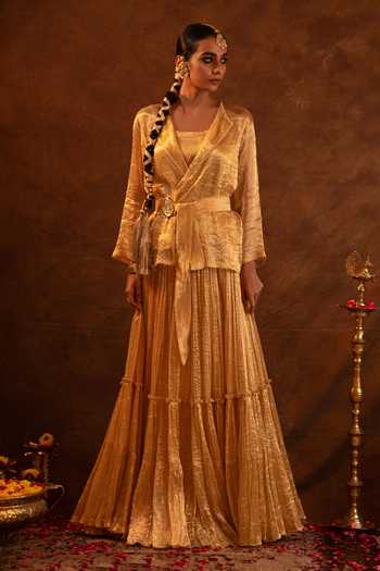 Buy Eraaya by Ratika J Gold Satin, Tissue, Modal Shawl Neck Textured Jacket Skirt Set Online at Aza Fashions Buy_Eraaya by Ratika J_Gold Satin, Tissue, Modal Shawl Neck Textured Jacket Skirt Set _Online_at_Aza_Fashions