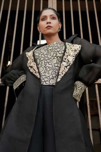 Buy Eraaya by Ratika J Black Crepe, Organza Square Neck, Open Brocade Embroidered Jacket Palazzo Set Buy_Eraaya by Ratika J_Black Crepe, Organza Square Neck, Open Brocade Embroidered Jacket Palazzo Set