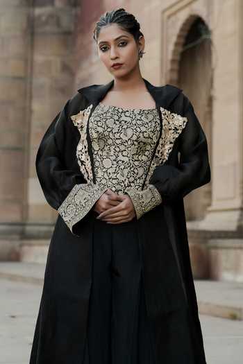Shop Eraaya by Ratika J Black Crepe, Organza Square Neck, Open Brocade Embroidered Jacket Palazzo Set Shop_Eraaya by Ratika J_Black Crepe, Organza Square Neck, Open Brocade Embroidered Jacket Palazzo Set