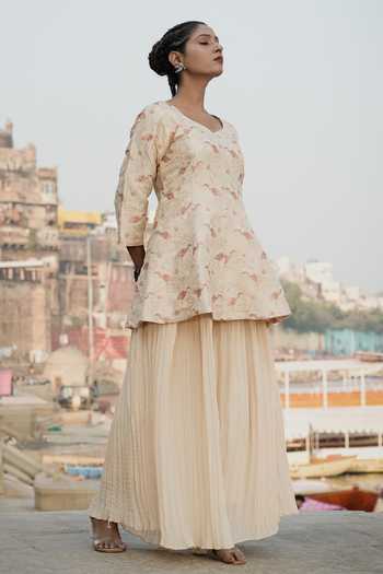 Buy_Eraaya by Ratika J_Beige Silk, Satin V-neck Hand Embroidered Peplum Top And Palazzo Set _Online_at_Aza_Fashions