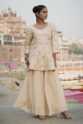 Shop_Eraaya by Ratika J_Beige Silk, Satin V-neck Hand Embroidered Peplum Top And Palazzo Set _Online_at_Aza_Fashions