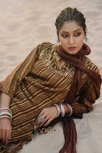 Shop Eraaya by Ratika J Brown Silk, Organza Round Neck Banarasi Embroidered Long Kurta Set Online at Aza Fashions Shop_Eraaya by Ratika J_Brown Silk, Organza Round Neck Banarasi Embroidered Long Kurta Set _Online_at_Aza_Fashions
