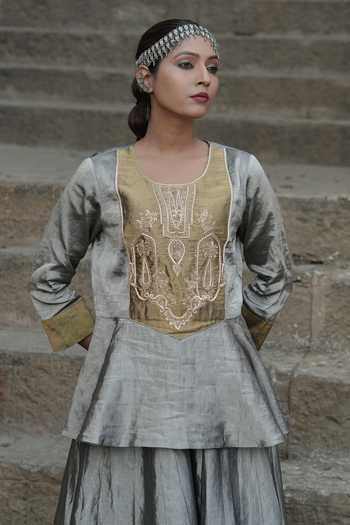 Buy Eraaya by Ratika J Gold Silk Round Neck Contrast Yoke Top And Skirt Set Online at Aza Fashions Buy_Eraaya by Ratika J_Gold Silk Round Neck Contrast Yoke Top And Skirt Set _Online_at_Aza_Fashions
