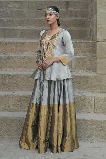 Shop Eraaya by Ratika J Gold Silk Round Neck Contrast Yoke Top And Skirt Set Online at Aza Fashions Shop_Eraaya by Ratika J_Gold Silk Round Neck Contrast Yoke Top And Skirt Set _Online_at_Aza_Fashions
