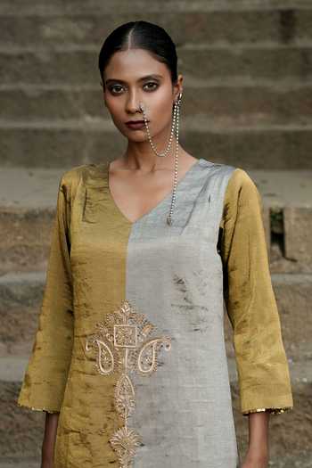 Eraaya by Ratika J Gold Silk V-neck Two Tone Dress Online at Aza Fashions Eraaya by Ratika J_Gold Silk V-neck Two Tone Dress _Online_at_Aza_Fashions