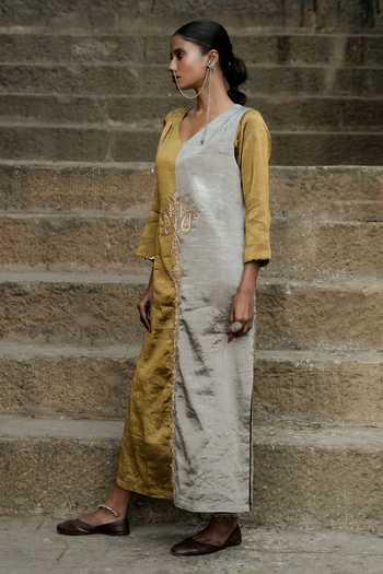 Shop Eraaya by Ratika J Gold Silk V-neck Two Tone Dress Online at Aza Fashions Shop_Eraaya by Ratika J_Gold Silk V-neck Two Tone Dress _Online_at_Aza_Fashions