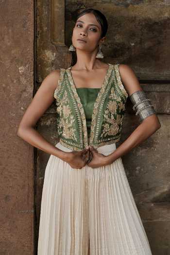 Shop Eraaya by Ratika J Green Silk, Satin Square , Open Hand Embroidered Jacket And Plazzo Set Shop_Eraaya by Ratika J_Green Silk, Satin Square , Open Hand Embroidered Jacket And Plazzo Set