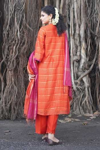 Shop Five Point Five Orange Chanderi Round Neck, Yes Lalita Straight Kurta Set at Aza Fashions Shop_Five Point Five_Orange Chanderi Round Neck, Yes Lalita Straight Kurta Set _at_Aza_Fashions