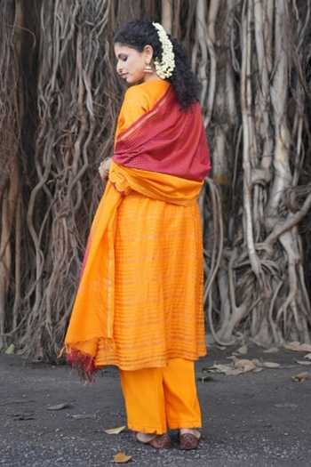 Shop Five Point Five Yellow Chanderi Round Neck, Yes Lalita Straight Kurta Set at Aza Fashions Shop_Five Point Five_Yellow Chanderi Round Neck, Yes Lalita Straight Kurta Set _at_Aza_Fashions