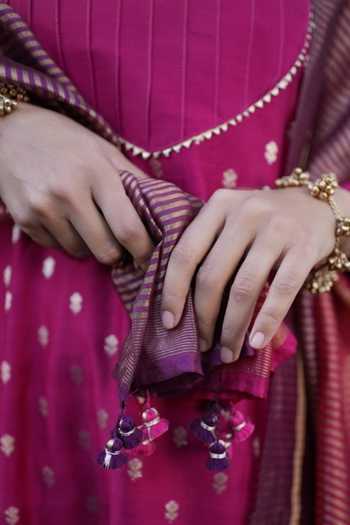 Five Point Five Purple Chanderi Round Neck Devika Gathered Front Kurta Set Online at Aza Fashions Five Point Five_Purple Chanderi Round Neck Devika Gathered Front Kurta Set _Online_at_Aza_Fashions